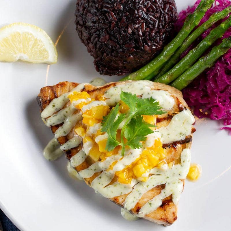 Teriyaki glazed cod with mango salsa
